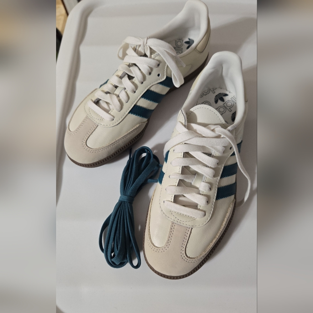 Adidas Cream and Teal Striped Sneakers